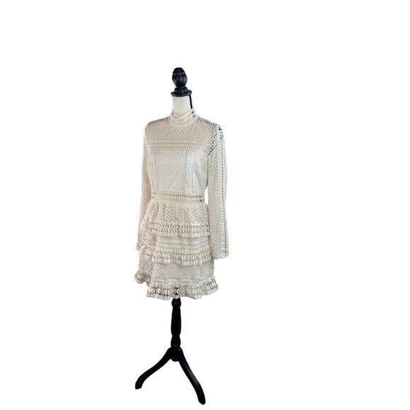 Aqua Tiered Eyelet Crochet Cream Long Sleeve Mock Neck Dress Large - Picture 3 of 11